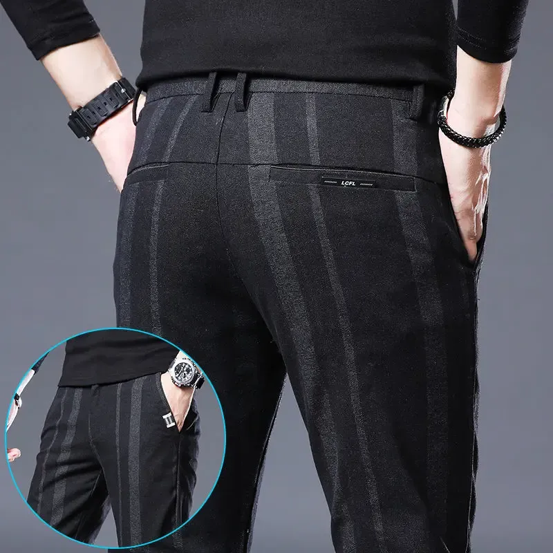 Broek herfst winter vintage heren potloodbroek onregelmatige vetgedrukte strepen zakelijke casual broek voor mannen Koreaanse slanke harembroek zwart