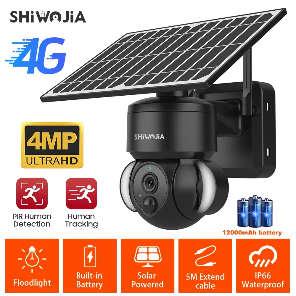 Камеры Shiwojia 4MP Wi -Fi Solar Camera 4G SIM -карта PIR Detection Detection Солнечная батарея камера камеры камеры видеонаблюдение с помощью видеоролика Video Outdoor Cam