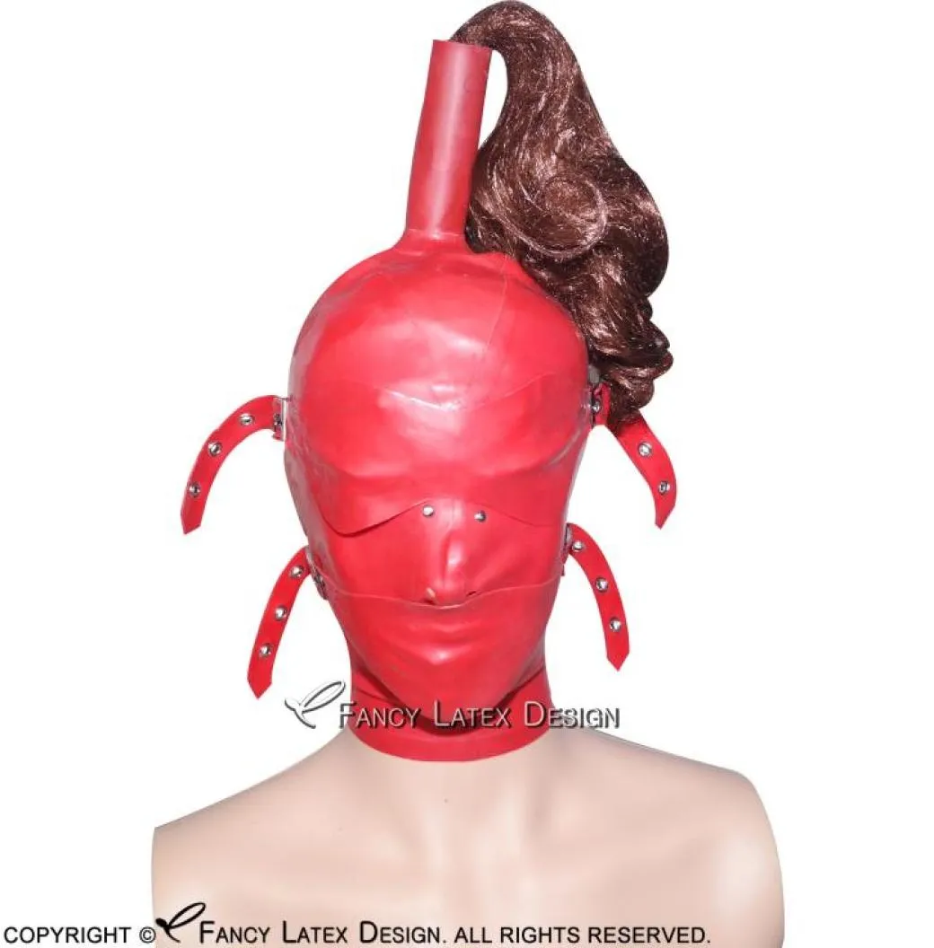 Rood Sexy Systeem Latex Kap Met Paardenstaart Buis Zonder Pruiken Blinddoek Mond Cover Zip Vetersluiting Terug Rubber Masker 00093826917