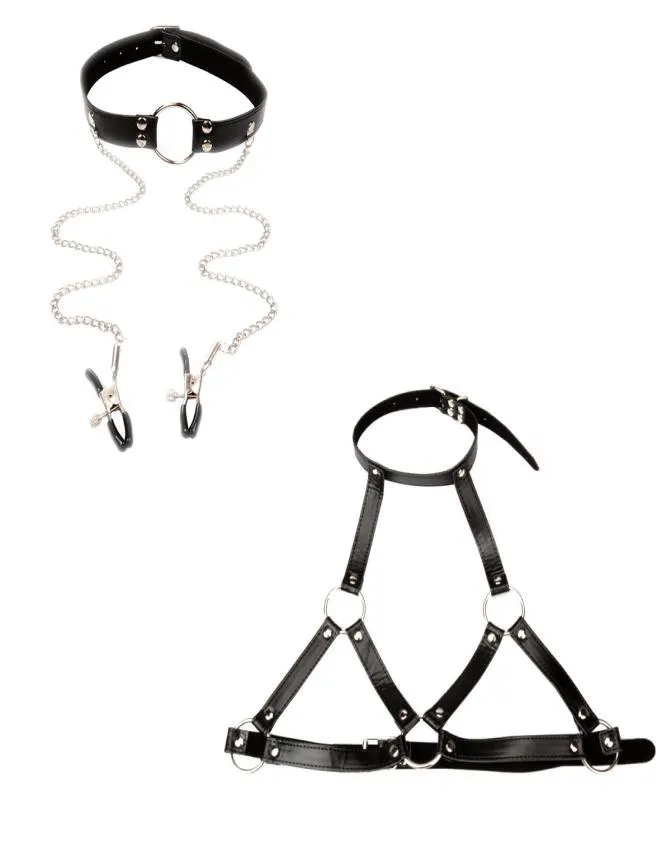 Novo design conjunto de equipamentos de bondage boca mordaça cabeça arnês com grampos de mamilo e arnês de contenção de peito couro falso traje erótico b034986681