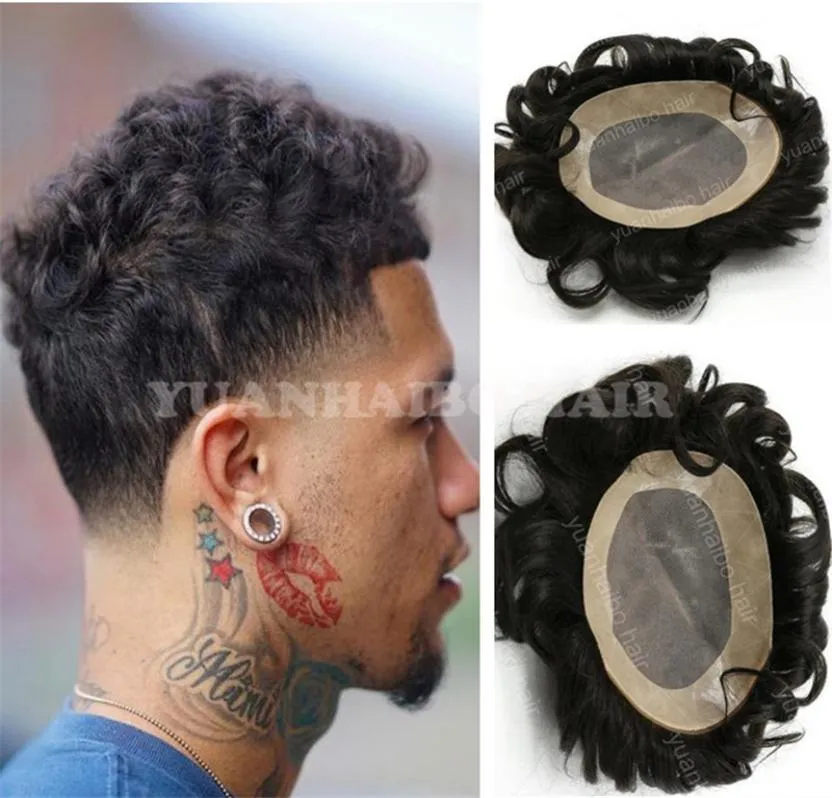 Высококачественный натуральный черный свободный волнистый парик из натуральных бразильских человеческих волос для мужчин, кружево с пу 5335519