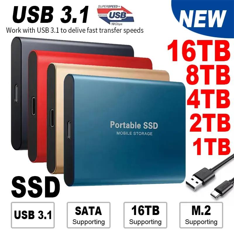 ボックスポータブルSSD外部ハードドライブ16TB 8TB高速USB 3.1 SSDストレージハードディスク4TB 2TBポータブルHDハードスティックラップトップ用