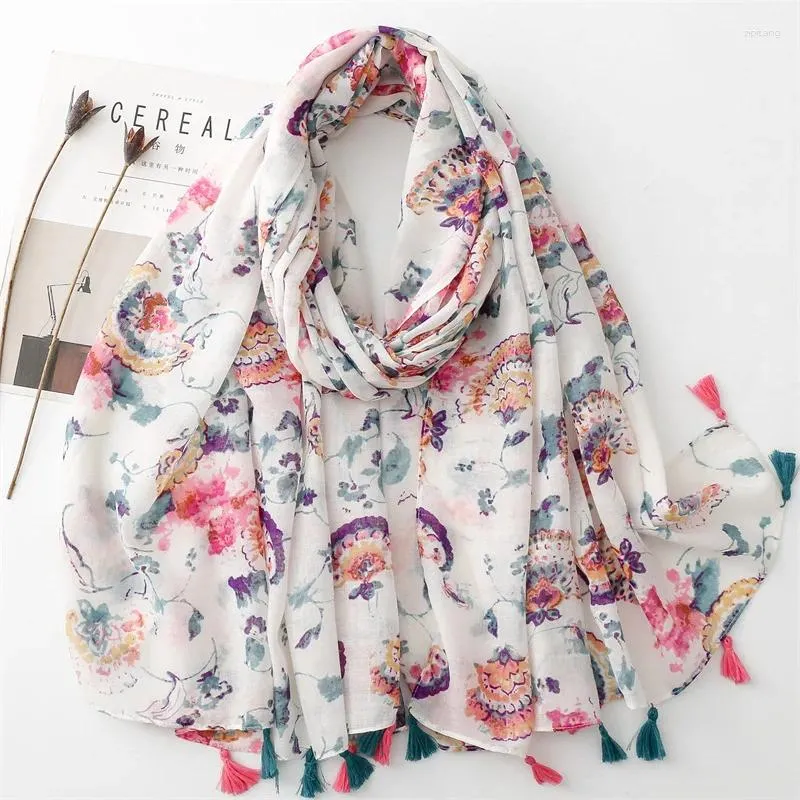 Halsdukar 2024 Fashion Flower Print Tassel Scarf Shawls Long Women Floral Pattern Foulard Hijab Wrap