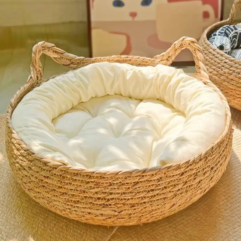 Tapis quatre saisons lit pour chat tissé amovible lavable rembourrage maison de couchage chat Scratch sol rotin chats produits pour animaux de compagnie accessoires