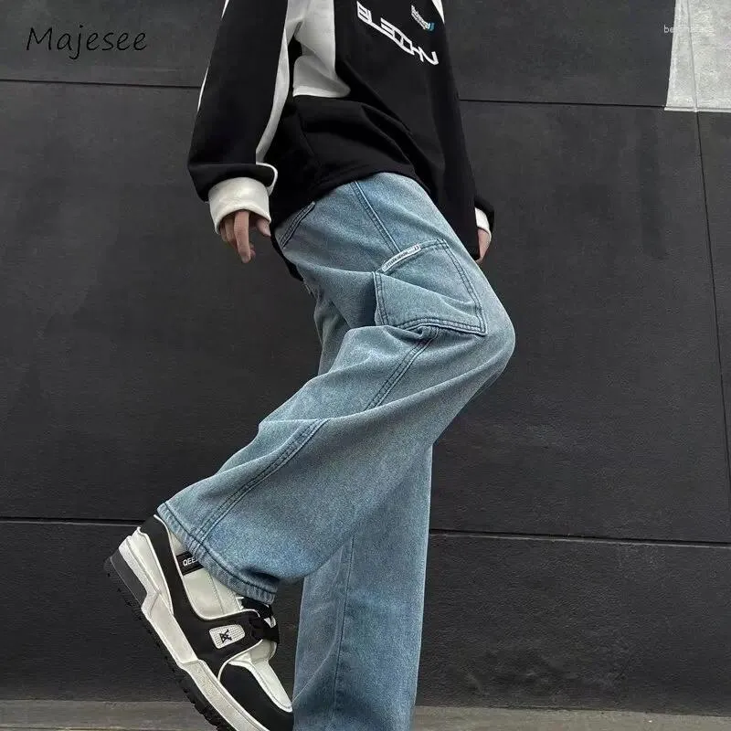 Mäns jeans män baggy vintage tvättade skarvade brett ben denim byxor high street amerikansk stil hiphop all-match mopping höst dagligen