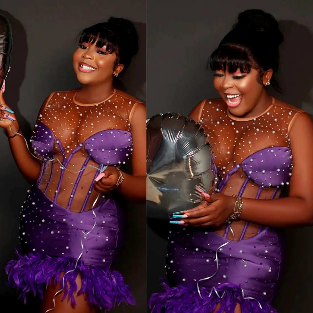 Aso Ebi Grote maten cocktailjurken Korte galajurken Mini-jurk met paarse veren Illusie Strass Kristallen Versierd Afstudeerjurk voor Afrikaanse zwarte meid C056