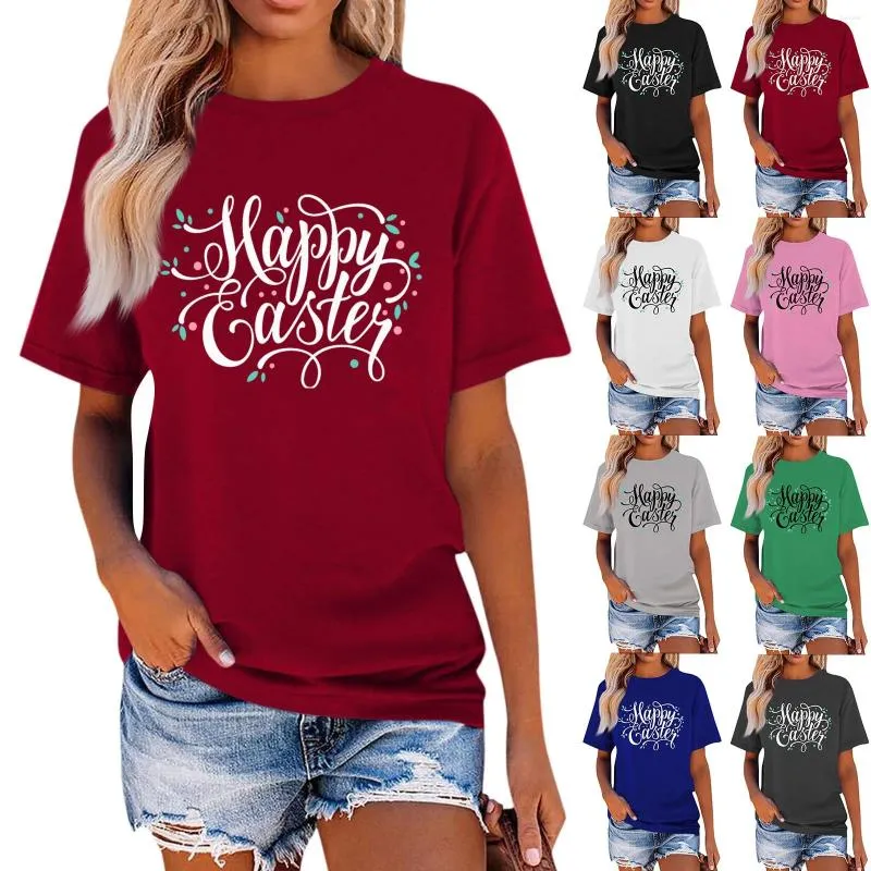 Camiseta feminina casual moda camiseta em torno do pescoço design ao ar livre manga curta topo páscoa impresso magro-tipo jovem coquete