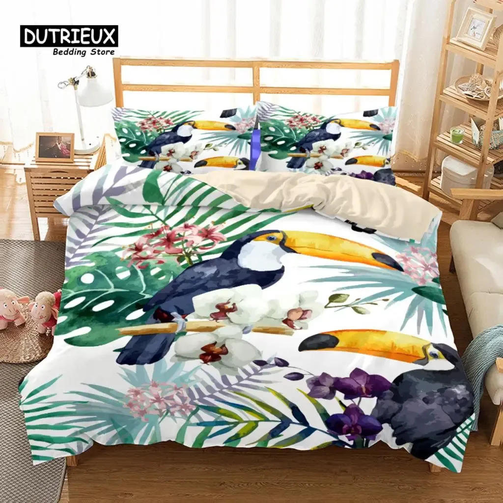 Установите 3D Toucan Birds Peduet Cover Set, Fashion Steply, мягкий удобный дышащий одеял, для спальни гостевой декор.