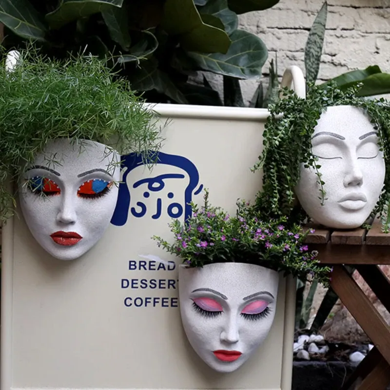 花瓶顔フラワーポットの壁に取り付けられた植木鉢樹脂彫刻彫刻の庭の屋外植物の装飾テーブルトップ飾りの家の装飾
