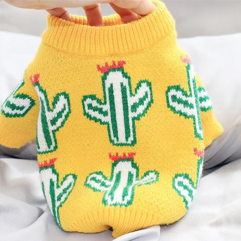 Suéteres roupas para cães de estimação cactus tricô suéteres para cães roupas gato pequeno bonito outono inverno amarelo moda menino menina chihuahua presente