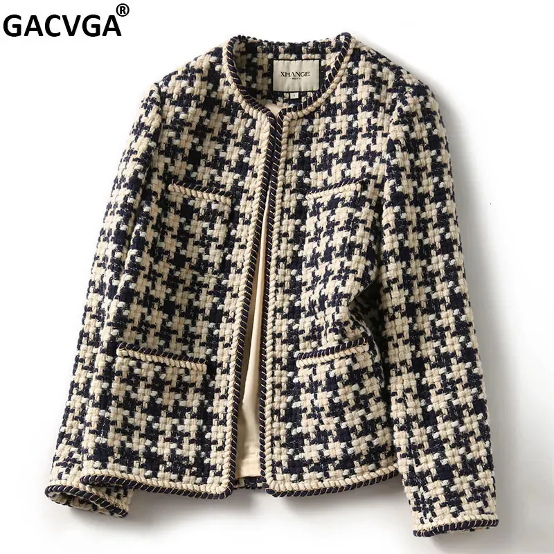 GACVGA Elegante Weave Plaid Vrouwen Blazer Met Zak En Voering Herfst Winter Causale Tweed Jas Kantoor Dames Jasje 240219