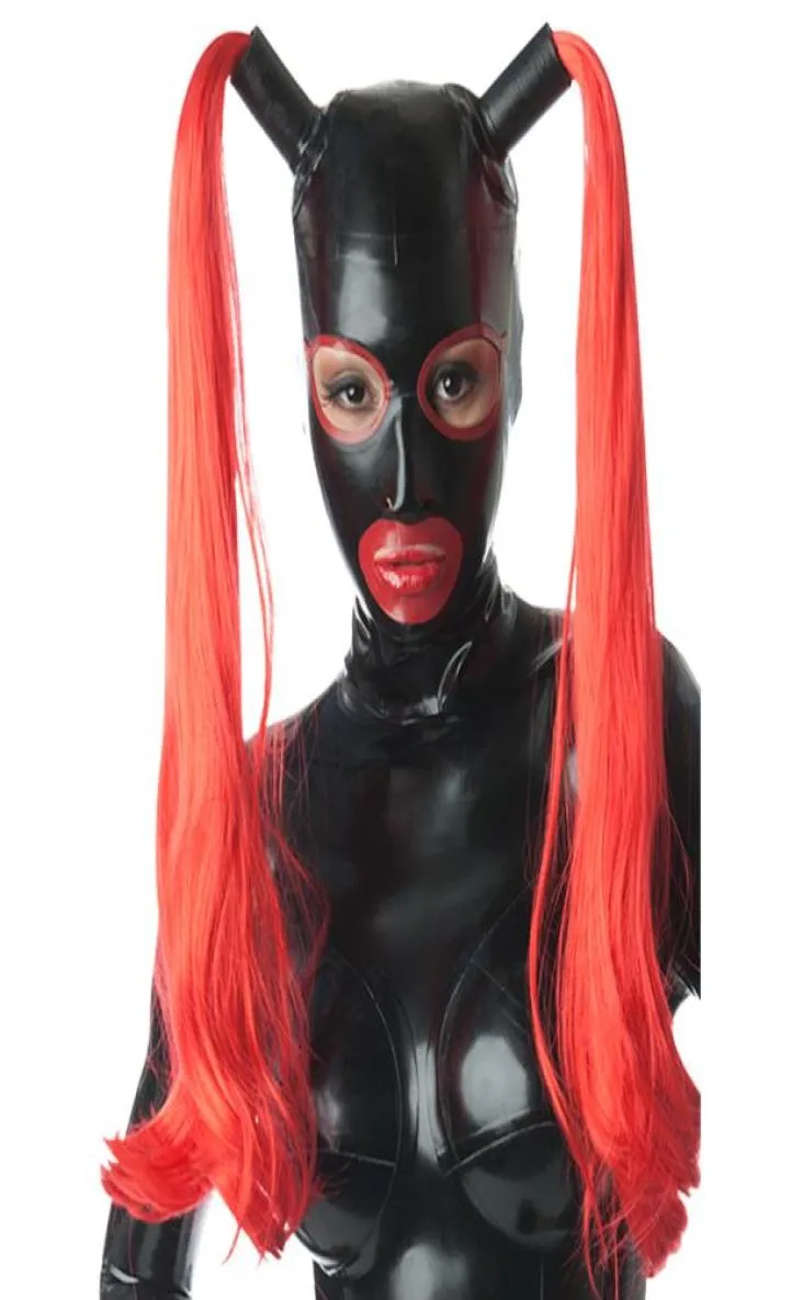 Cagoules en Latex pur 100 avec perruques à Double filaments, masques fétichistes en caoutchouc, vêtements de fête Cosplay faits à la main, 6730048