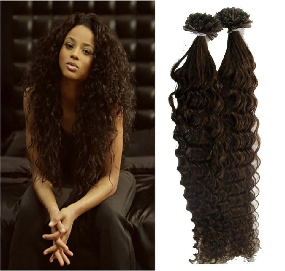 4 Dark Brown Brazilian Deep curly U Tip Nail Tip Hair Extensions 100gstrands Remy Human Hair Keratin Fusion Hair Extensions3626594