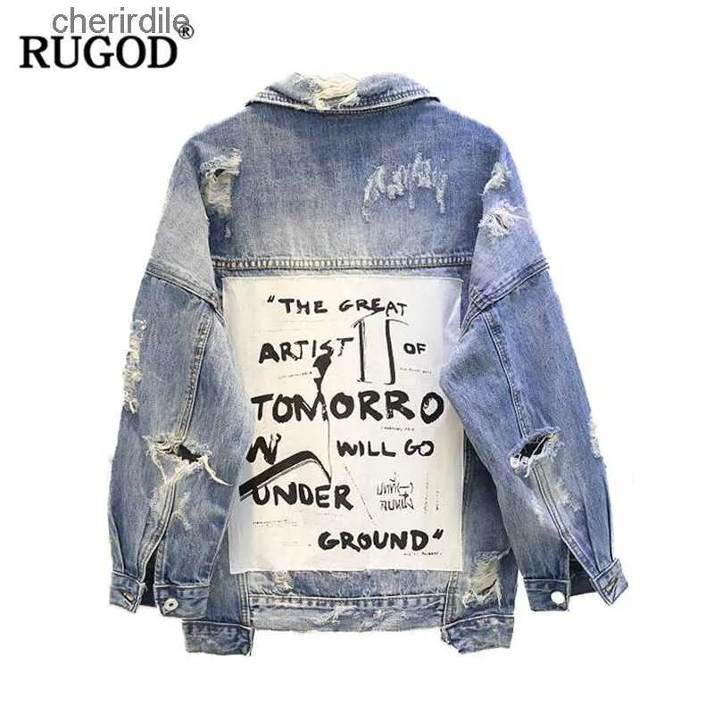 Women's Jackets RUGOD 2018 Letter Print Frayed Jean Women Autumn Winter Hole Denim Coat Female Bomber Jackets Casaco 240301