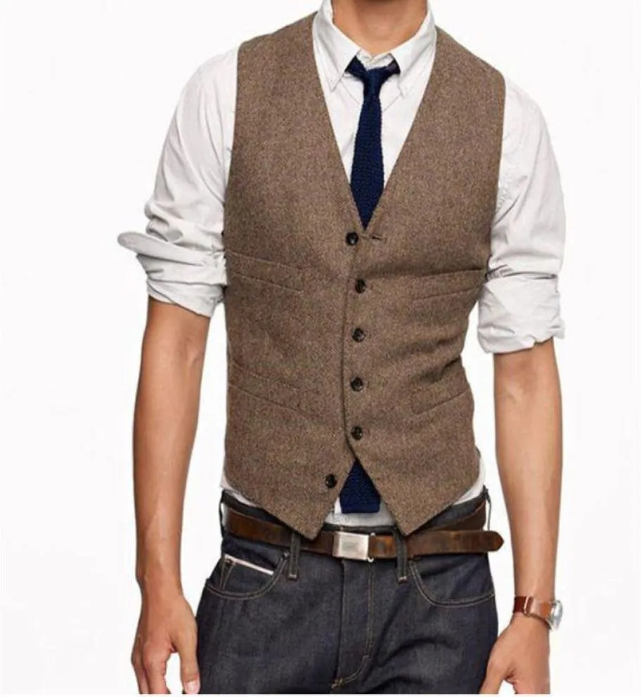 Custovintage Brown Tweed Vests Wool British Style Custom Made Mens Suit skräddare Slim Fit Blazer Wedding Suits For Men2626379