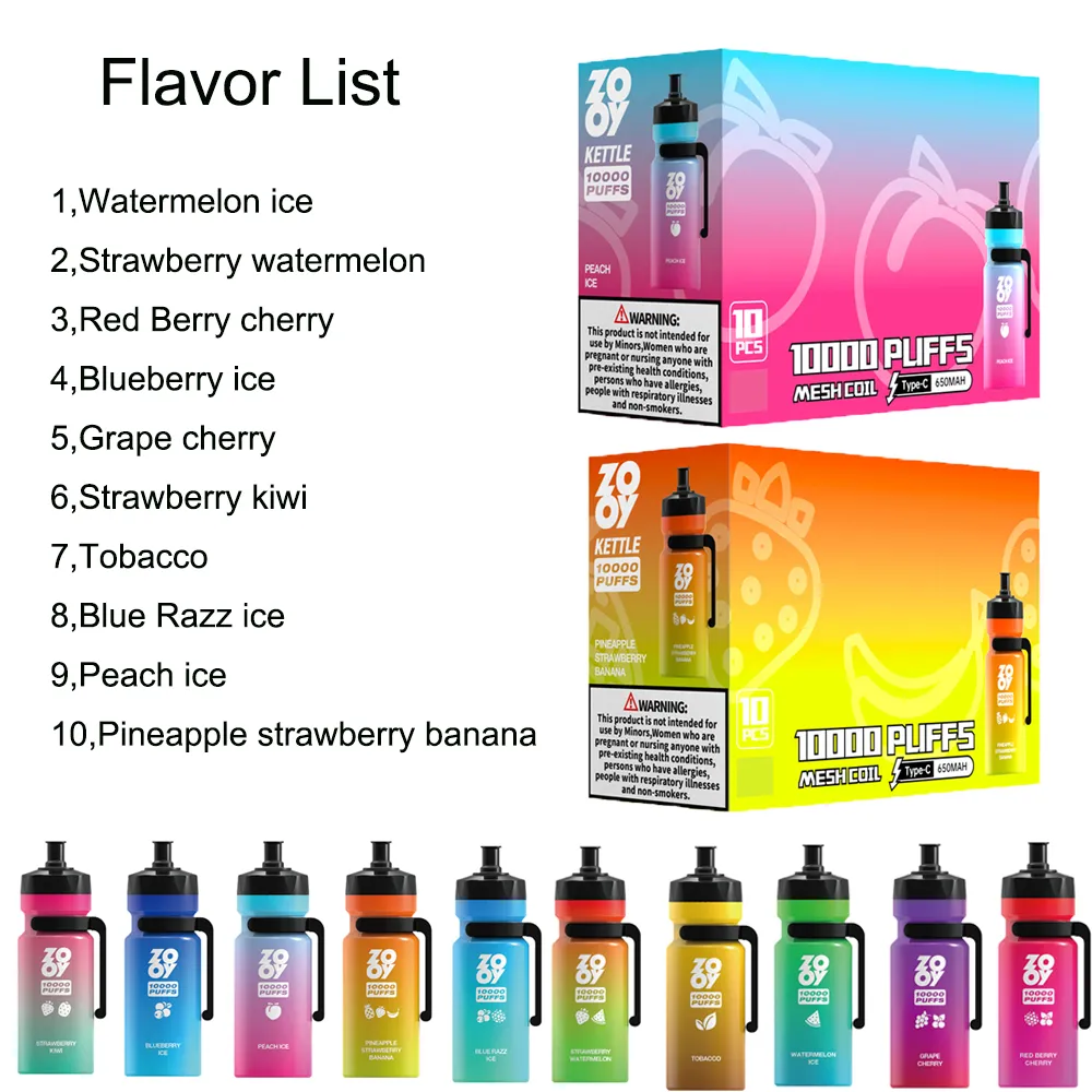 Partihandel Vape Puffs Zooy Kettle Puff 10000 Puff 12K Puffbar E Cigarett Disponibel Vape Mesh Coil 20 ML 650mah Vapers Gratis frakt Förångare Puff 10K Puff 12000