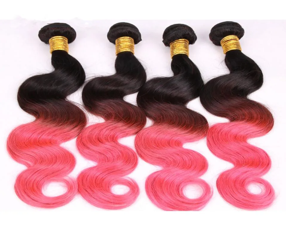 Noir et rose Ombre cheveux humains vierge péruvienne deux tons colorés trames de cheveux humains 4 pièces vague de corps Ombre cheveux humains Weave Bundles4408911