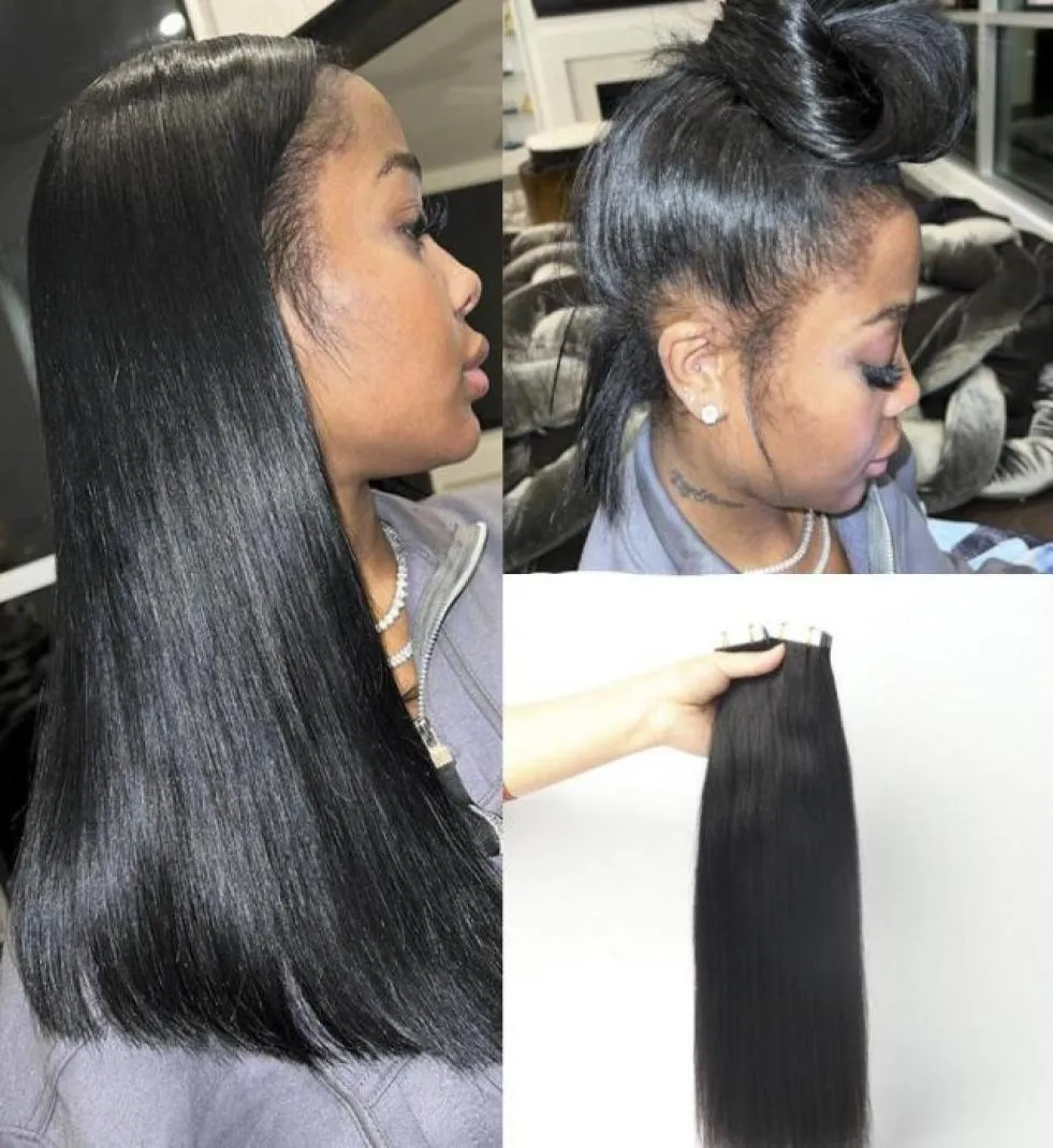 Extensiones de cabello humano 12A Tape Ins 100 Real Indian Virgin sin costuras con paquetes de cabello liso para mujeres negras 81158747736417