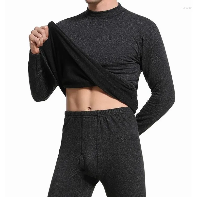 Men's Thermal Underwear 2Pcs Men Sets Mock Neck Solid Long Sleeve Top Pants Fleece Soft Comfortable Close-fitting Warm Clothing