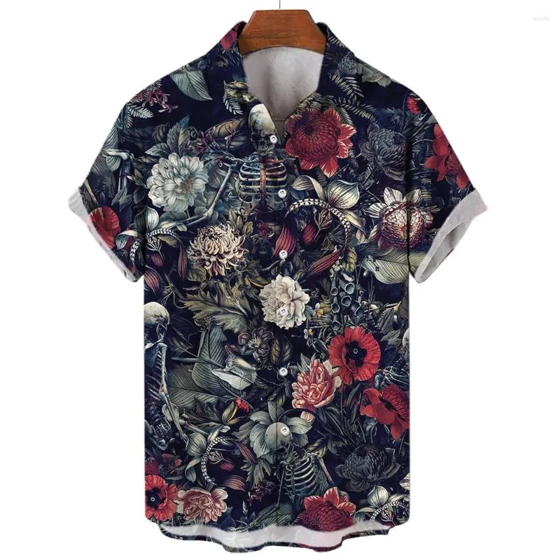 Homens casuais camisas horror crânio camisa para homens verão turndown henry botão estilo havaiano manga curta roupas diárias streetwear