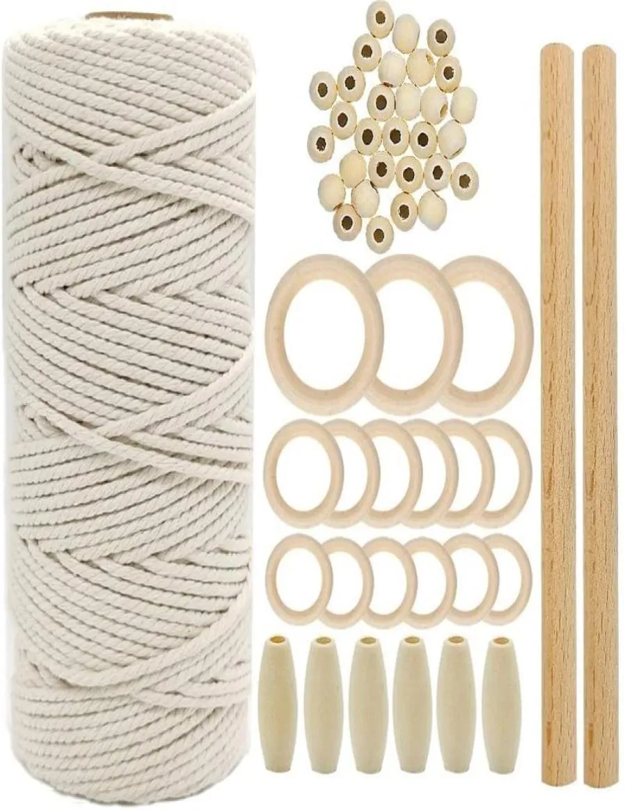 Garen Macrame Koord Natuurlijk Katoen Beige DIY Touw Met Houten Ring Stok Gevlochten Bijtring Kit Muur Hangende Plantenhanger8643968