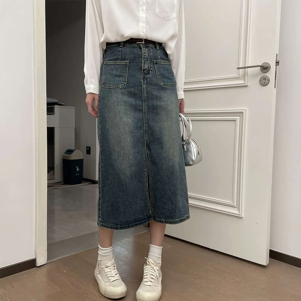 Li Zhiqi Retro Split Denim Skirt Women's 2024 Spring Dress New Design Sense High Waist A-line Skirt 221027