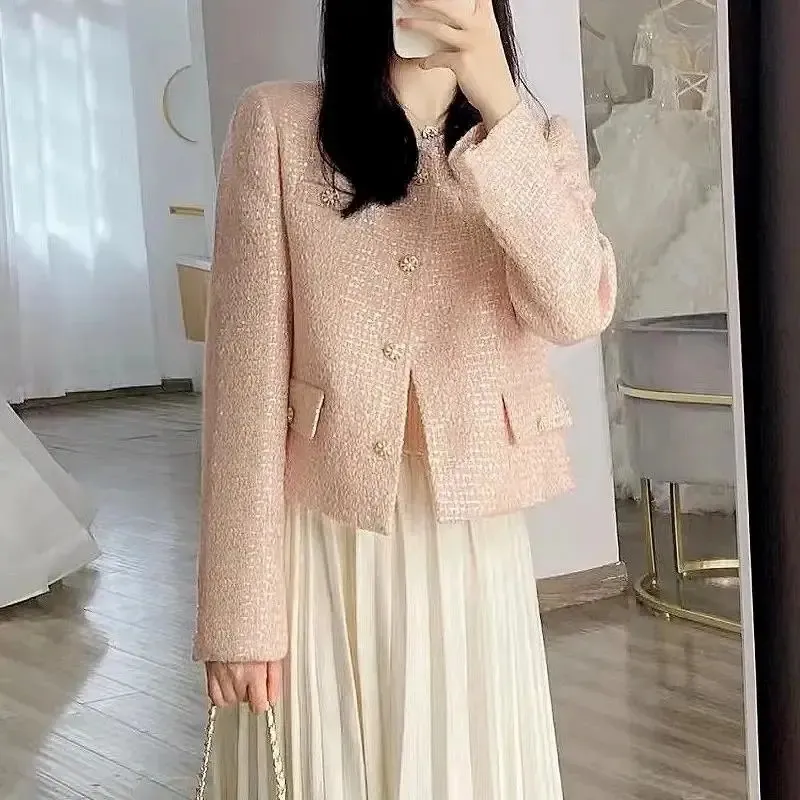 Womens Short Tweed Fragrance Suit Coat Spring Autumn 2024 French Fashion Loose Small Fragrance Pink Female Blazers C35 230226