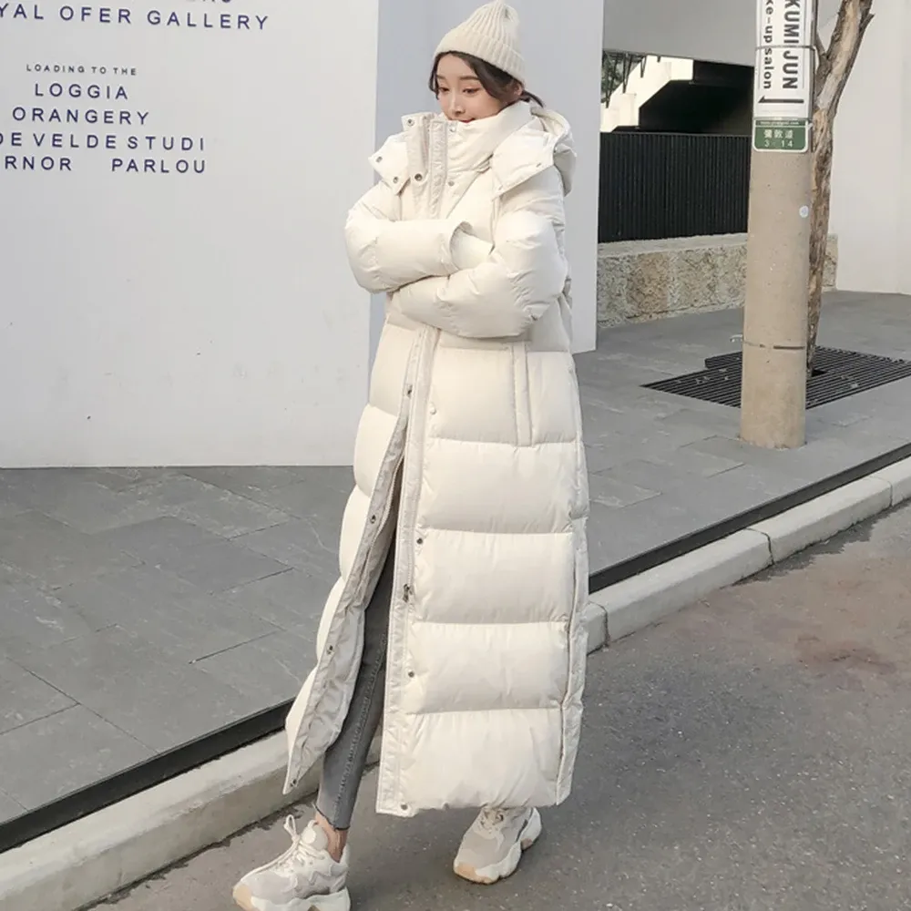 Coats High Quality Women White Duck Down Hoodie Jacket Winter Hooded Long Overcoat Ankle Length Fashion Super Thicken Warm Snow Wear