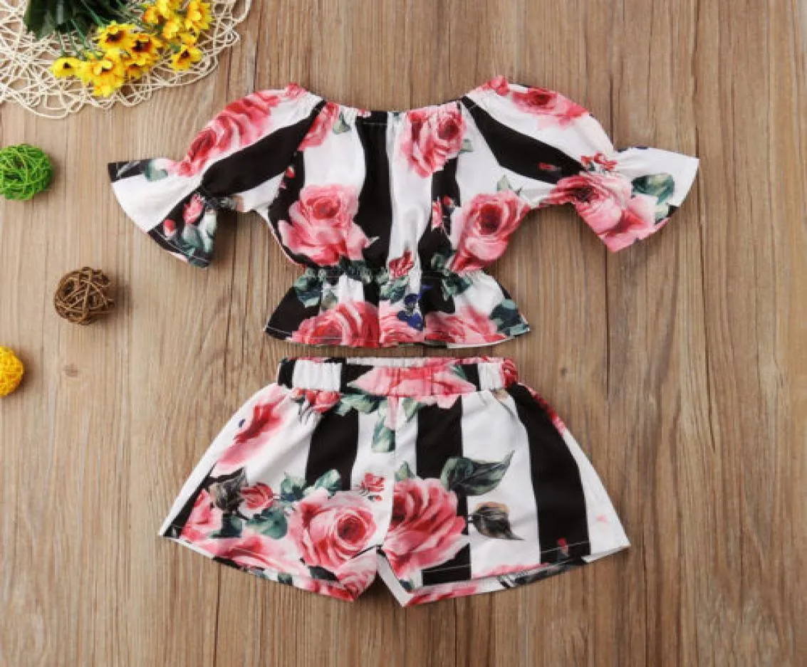 2st Toddler Kids Girls Designer Clothes Set Stripe Floral Tunic Tops Shorts Outfits Set kläder 16y2360647