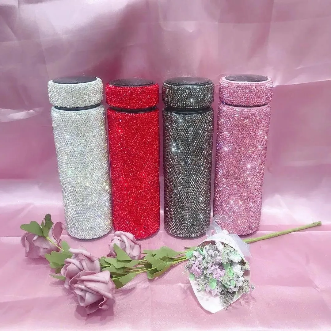 Full Rhinestones Flask with Temperature Dispaly Hot Water Thermos Stainless Steel Sparkling Insulated Cup Custom Water Bottle 201126