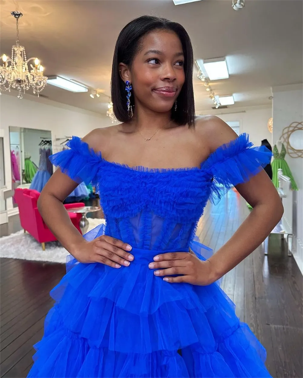 Evening Gown Prom Dress Royal Blue Tassel Dress Tulle Multi-Layer Royal Blue  Off-the-Shoulder