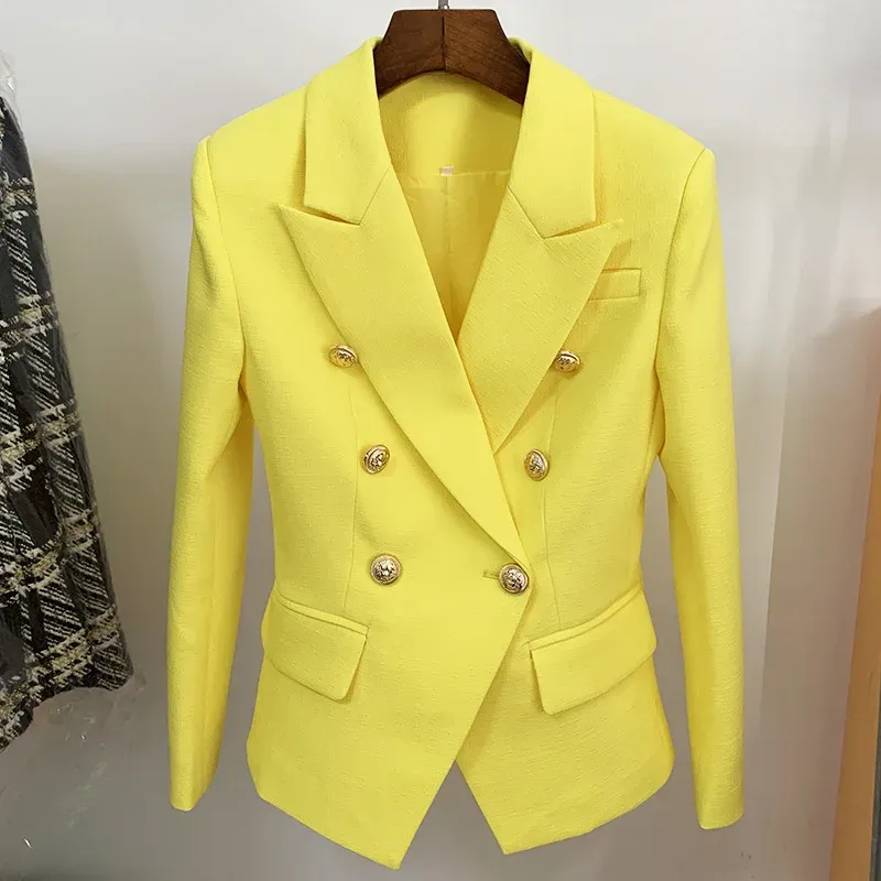 Blazers Blazer Women Yellow Black Cotton Linen Gold Double Breasted Buttons Rose Red Office Ladies Fashion Blazers Jackets High Quality