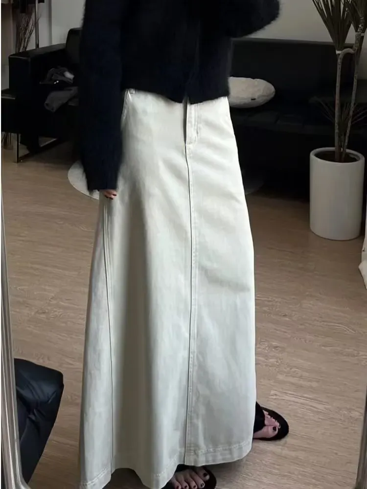 Kjol vintage blekt vit vanlig denim kjol maxi aline kvinnor råa hem långa jeans klänning avslappnade damer 2023 y2k kläder