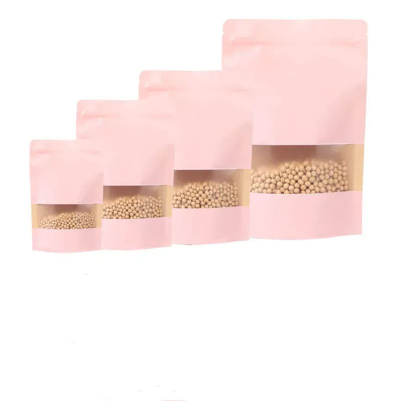 Colorful Pink Blue Kraft Paper Bags Clear Window Zipper Retail Mylar Stand Up Pouch For  Snack Candy Coffee Bean Powder Nuts Tea Seeds Gifts Packaging Storage