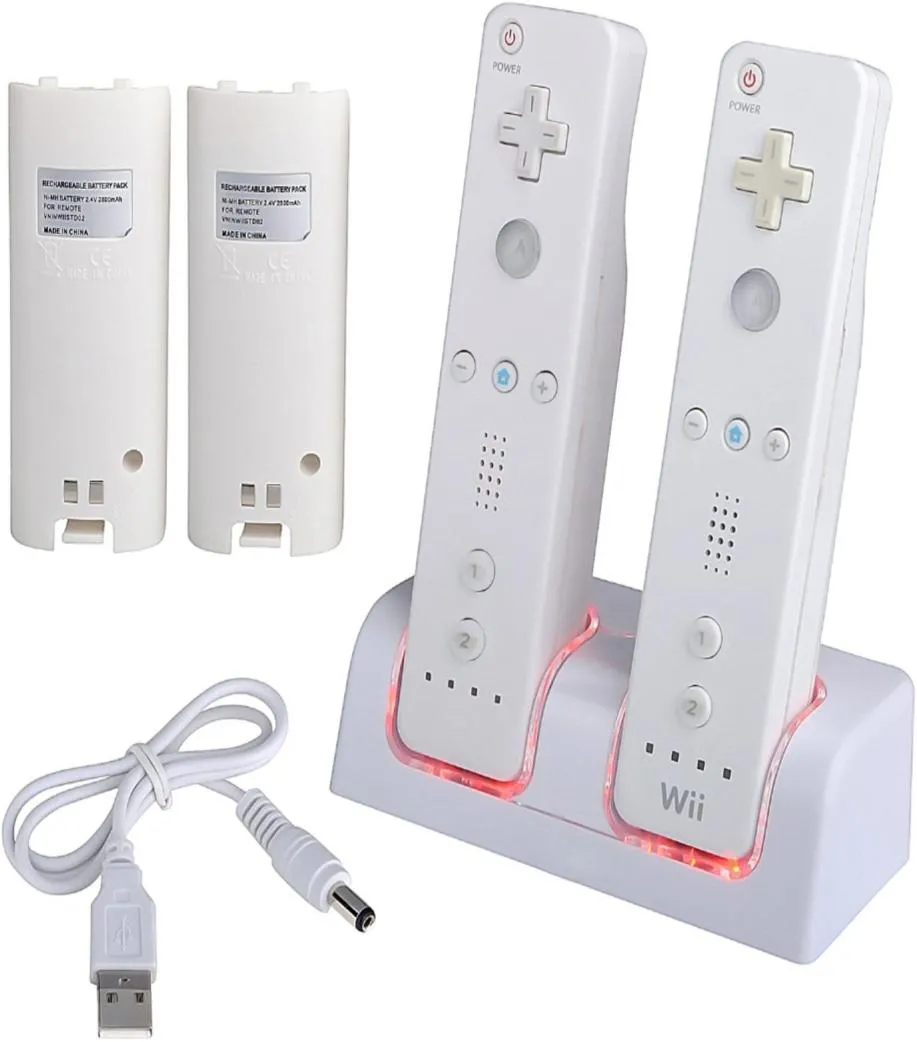 Dubbel laddningsstation med 2 laddningsbara batterier LED -ljus för Wii Wii U Remote Control White Original Wii Controllers No3244721