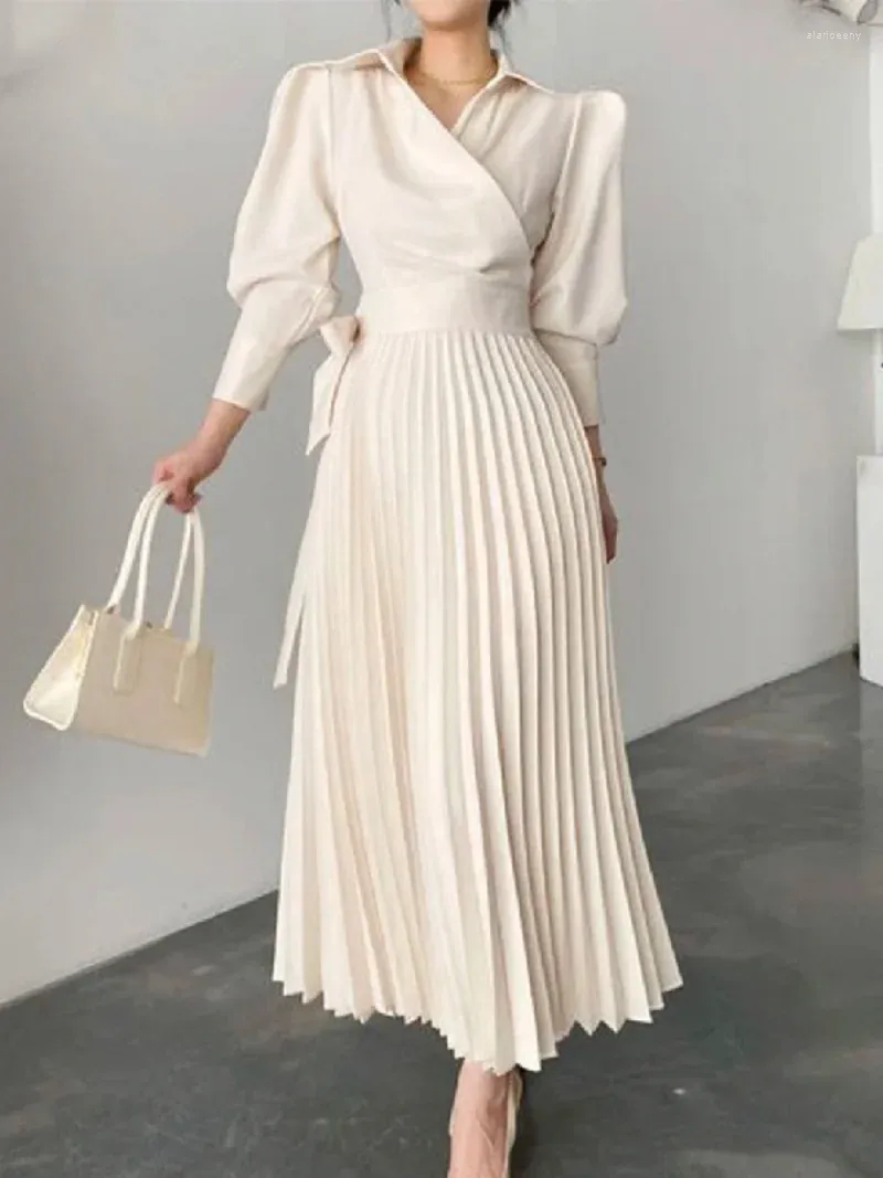 Casual Dresses Lemongor 2024 Korean Fashion Solid Color Lapel Pleated A-line Dress Summer Going Out Office Maxi For Women