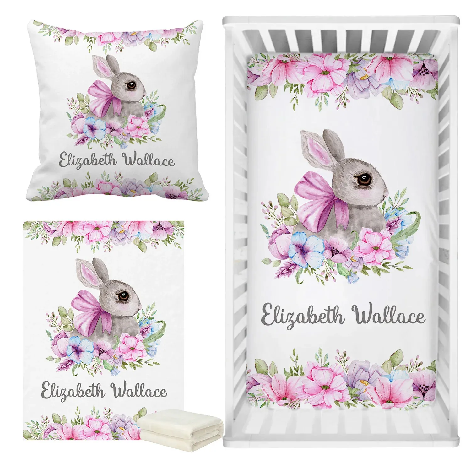 Lvyziho conjunto de cama de coelho floral rosa roxo nome personalizado conjunto de cama de coelho conjunto de cama de presente de chá de bebê 240229