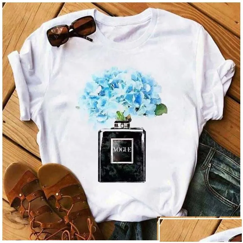 womens t-shirt women clothes print flower per bottle sweet short sleeve tshirt printed shirt t female top casual woman tee x0527 dr