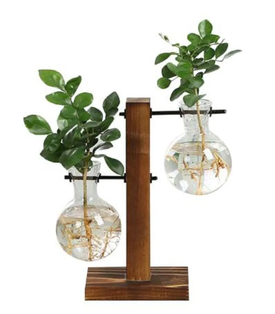 Terrarium Hydroponic Plant Vases Vintage Flower Pot Transparent Vase Wooden Frame Glass Tabletop Plants Home Bonsai Decor3564039