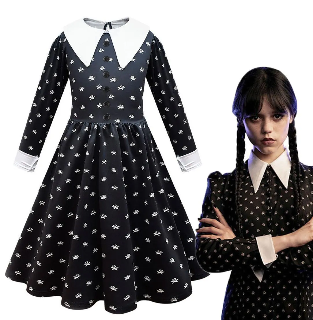 Jurken voor meisjes Kinderen woensdag Addams Family Cosplaykostuum Bedrukking Jurk Pruik Meisjes Vintage Gothic Outfits Halloween rollenspel Cl8739554