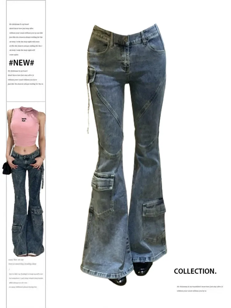 Jeans kvinnors blå last flare jeans y2k vintage koreanska cowboybyxor harajuku breda denimbyxor 90 -tal estetiska 2000 -tal trashy kläder