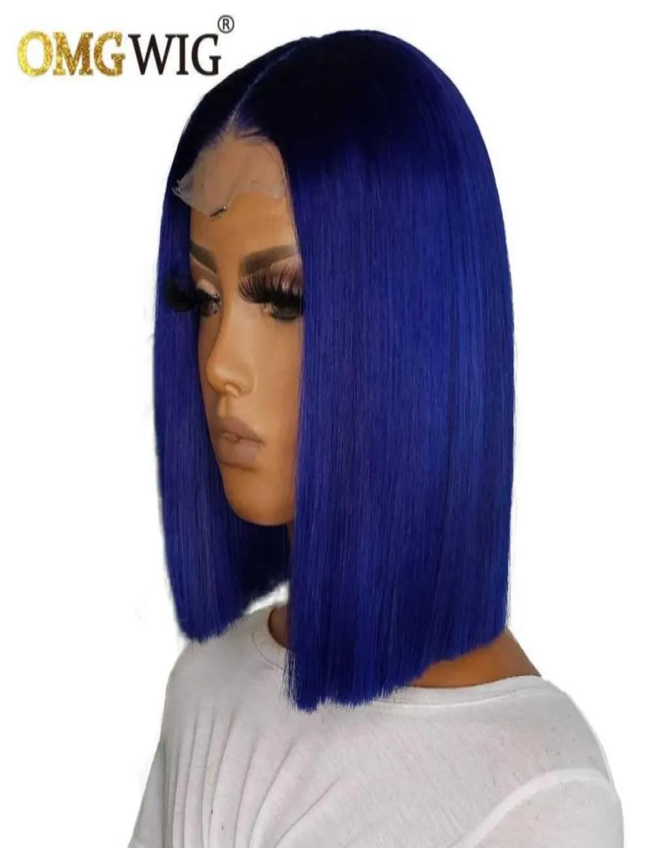 Perruque Bob Lace Frontal Wig naturelle brésilienne Remy, cheveux courts, couleur bleue, HD, pre-plucked, 4x4, avec Closure, os lisse, S6210469