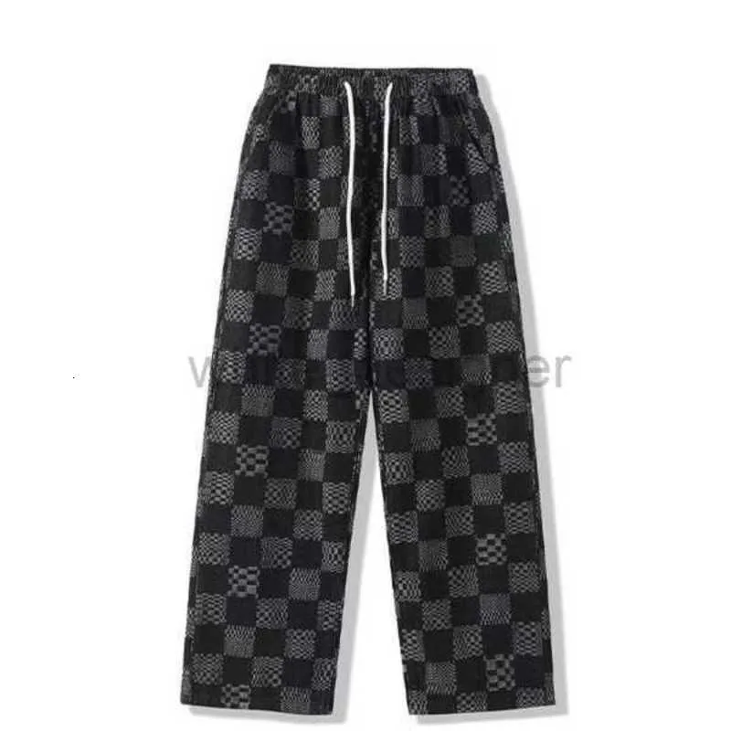 Designer Jeans Autumn Checkerboard Jeans Men's Fashion Brand Instagram Loose Straight Casual High Street Wide Leg Long Pants