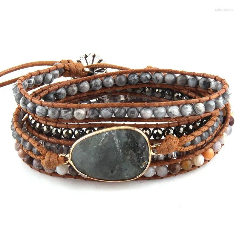 Charm Bracelets Fashion Women Leather Bracelet Handmade Gray Mixed Natural Stones / Crystal 5 Strands Wrap Drop Shippers