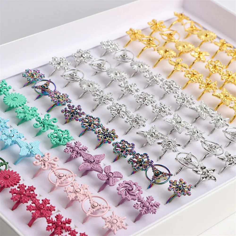 36 Teile/los Nette Bunte Spinner Drehbare Kinder Ringe Für Mädchen Kinder Blumen Schneeflocke Schöne Schmuck Mix Stil Geschenke 240226