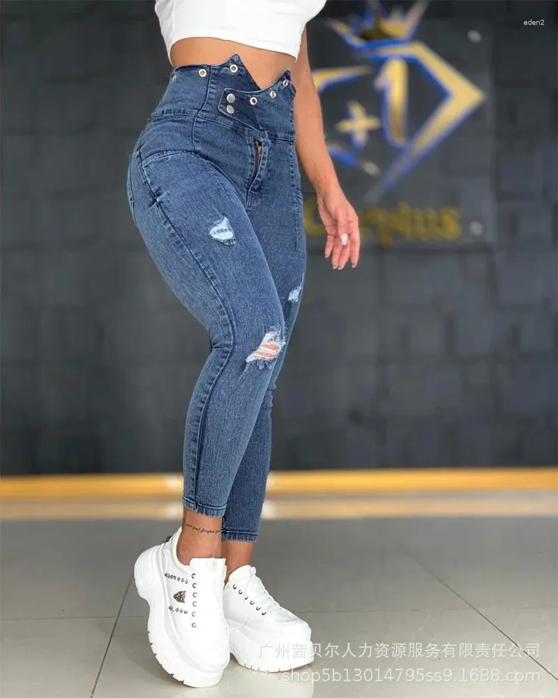 Jeans da donna Moda Donna 2024 Bottone a vita alta con fori sottili per