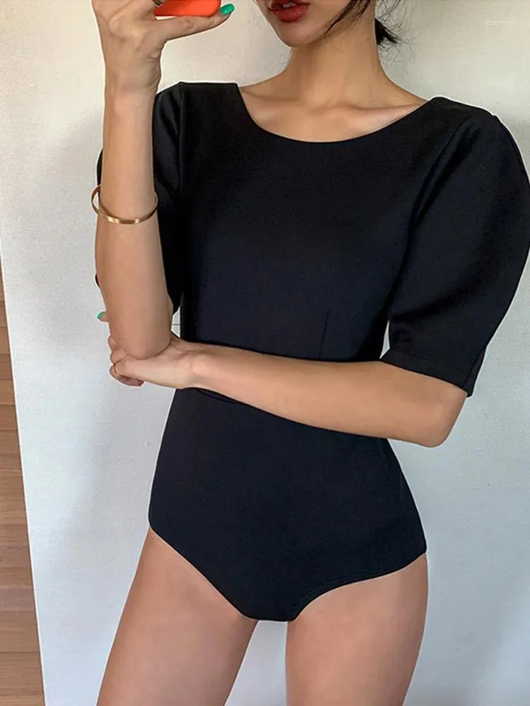 Kvinnors badkläder ett stycke Kvinnor Halva ärm Solid baddräkt Passed baddräkt Sexig Monokini Summer Beachwear för asiatiska