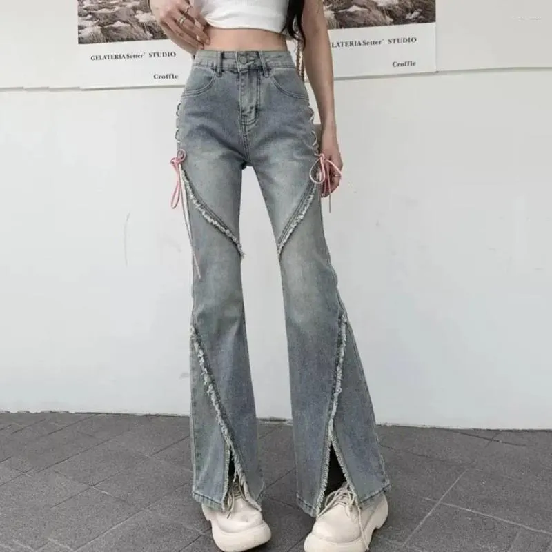 Jeans femininos de cintura alta denim mistura de algodão cintura alta rasgado queimado com alça decoração botão encerramento streetwear para mulher