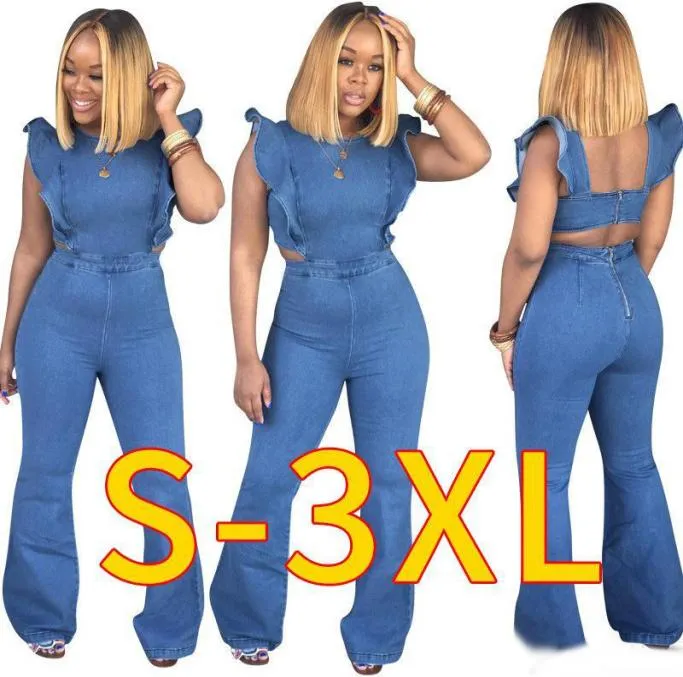 Women Ruffles Side splicing wysoki talia wycięcie z tyłu szerokiej nogi kombinezon vintage seksowna impreza klubowa Jean Romper Playsuit plus size4146949