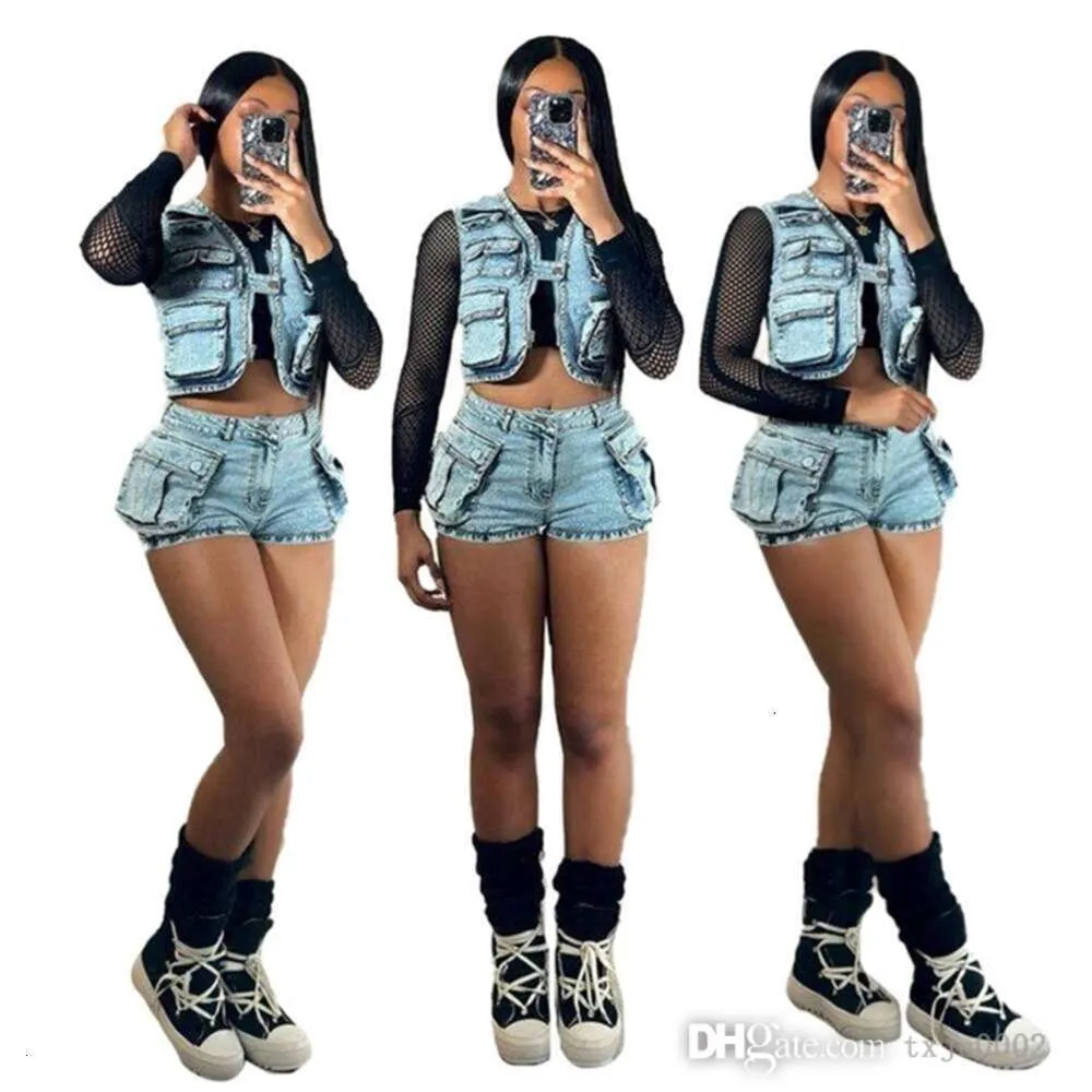 Mulheres agasalhos duas peças conjunto designer 2024 novo cowboy shorts conjunto multi bolso cavalo clipe shorts conjunto elástico